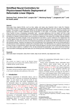 Sim2Real Neural Controllers for Physics-based Robotic Deployment of
  Deformable Linear Objects
