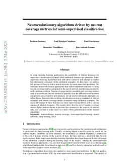 Neuroevolutionary algorithms driven by neuron coverage metrics for
  semi-supervised classification