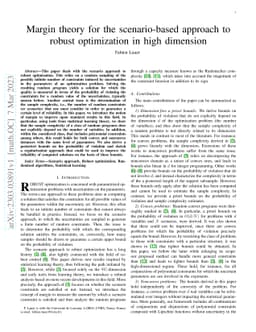 Margin theory for the scenario-based approach to robust optimization in
  high dimension