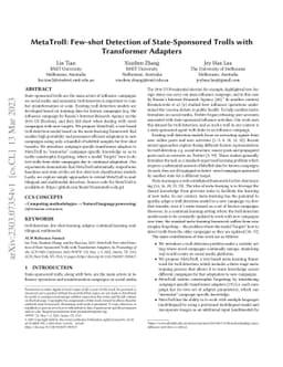 MetaTroll: Few-shot Detection of State-Sponsored Trolls with Transformer
  Adapters