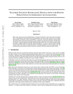 Teacher-Student Knowledge Distillation for Radar Perception on Embedded
  Accelerators