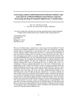 Generating synthetic multi-dimensional molecular-mediator time series
  data for artificial intelligence-based disease trajectory forecasting and
  drug development digital twins: Considerations
