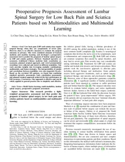 Preoperative Prognosis Assessment of Lumbar Spinal Surgery for Low Back
  Pain and Sciatica Patients based on Multimodalities and Multimodal Learning