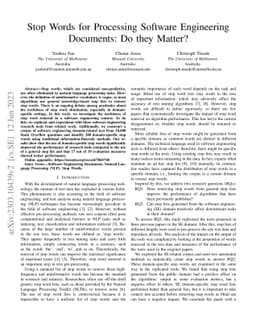 Stop Words for Processing Software Engineering Documents: Do they
  Matter?