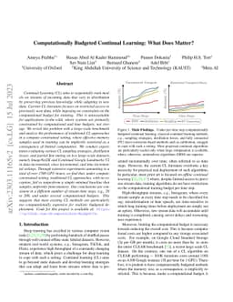Computationally Budgeted Continual Learning: What Does Matter?