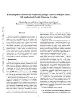 Estimating Distances Between People using a Single Overhead Fisheye
  Camera with Application to Social-Distancing Oversight