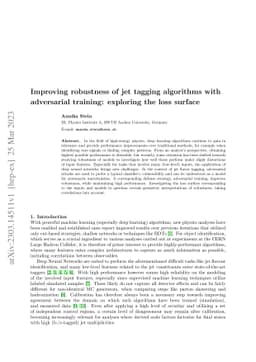 Improving robustness of jet tagging algorithms with adversarial
  training: exploring the loss surface
