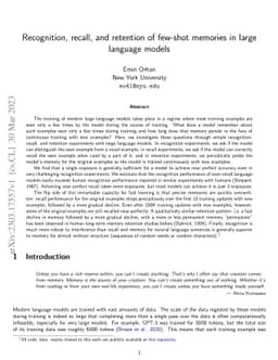 Recognition, recall, and retention of few-shot memories in large
  language models