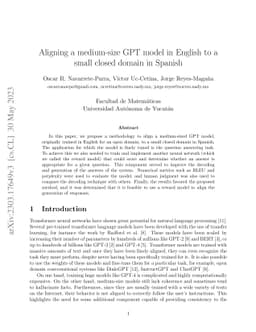 Aligning a medium-size GPT model in English to a small closed domain in
  Spanish