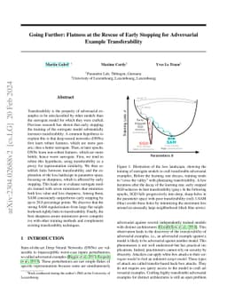 Going Further: Flatness at the Rescue of Early Stopping for Adversarial
  Example Transferability