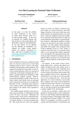 Low-Shot Learning for Fictional Claim Verification