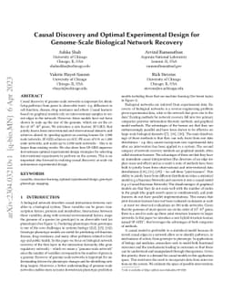 Causal Discovery and Optimal Experimental Design for Genome-Scale
  Biological Network Recovery