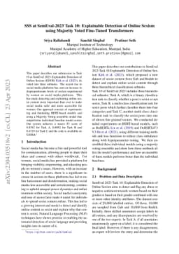 SSS at SemEval-2023 Task 10: Explainable Detection of Online Sexism
  using Majority Voted Fine-Tuned Transformers
