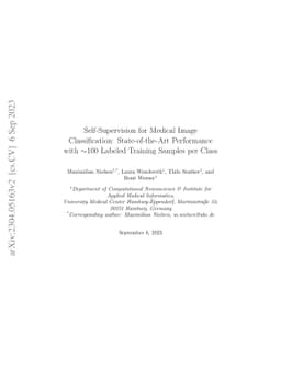 Self-supervision for medical image classification: state-of-the-art
  performance with ~100 labeled training samples per class