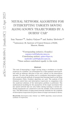 Neural Network Algorithm for Intercepting Targets Moving Along Known
  Trajectories by a Dubins' Car