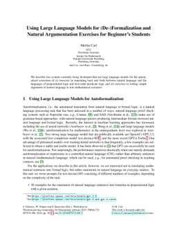 Using Large Language Models for (De-)Formalization and Natural
  Argumentation Exercises for Beginner's Students
