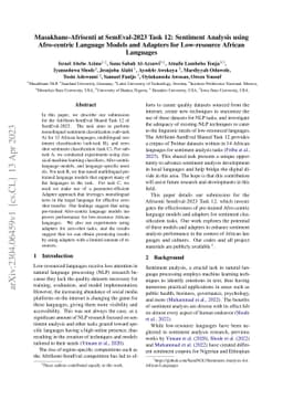 Masakhane-Afrisenti at SemEval-2023 Task 12: Sentiment Analysis using
  Afro-centric Language Models and Adapters for Low-resource African Languages