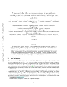 A framework for fully autonomous design of materials via multiobjective
  optimization and active learning: challenges and next steps