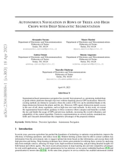 Autonomous Navigation in Rows of Trees and High Crops with Deep Semantic
  Segmentation