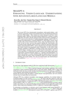 MiniGPT-4: Enhancing Vision-Language Understanding with Advanced Large
  Language Models