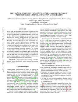Pre-Training Strategies Using Contrastive Learning and Playlist
  Information for Music Classification and Similarity