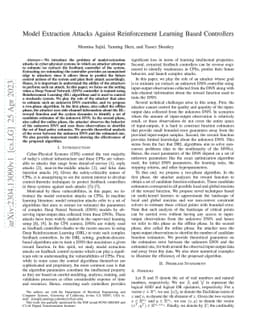 Model Extraction Attacks Against Reinforcement Learning Based
  Controllers