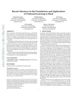 Recent Advances in the Foundations and Applications of Unbiased Learning
  to Rank
