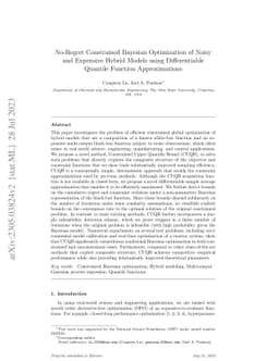 No-Regret Constrained Bayesian Optimization of Noisy and Expensive
  Hybrid Models using Differentiable Quantile Function Approximations