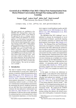 GersteinLab at MEDIQA-Chat 2023: Clinical Note Summarization from
  Doctor-Patient Conversations through Fine-tuning and In-context Learning