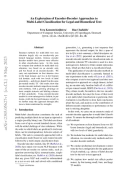 An Exploration of Encoder-Decoder Approaches to Multi-Label
  Classification for Legal and Biomedical Text
