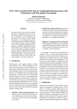 IUST_NLP at SemEval-2023 Task 10: Explainable Detecting Sexism with
  Transformers and Task-adaptive Pretraining