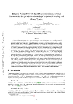 Efficient Neural Network based Classification and Outlier Detection for
  Image Moderation using Compressed Sensing and Group Testing
