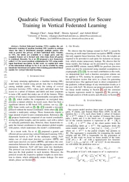 Quadratic Functional Encryption for Secure Training in Vertical
  Federated Learning