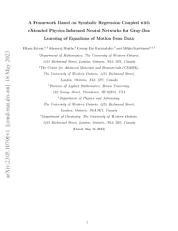 A Framework Based on Symbolic Regression Coupled with eXtended
  Physics-Informed Neural Networks for Gray-Box Learning of Equations of Motion
  from Data