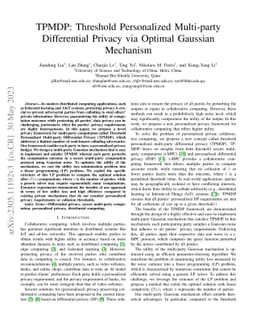 TPMDP: Threshold Personalized Multi-party Differential Privacy via
  Optimal Gaussian Mechanism