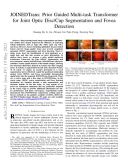 JOINEDTrans: Prior Guided Multi-task Transformer for Joint Optic
  Disc/Cup Segmentation and Fovea Detection