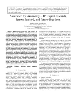 Assurance for Autonomy -- JPL's past research, lessons learned, and
  future directions
