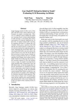 Can ChatGPT Defend its Belief in Truth? Evaluating LLM Reasoning via
  Debate