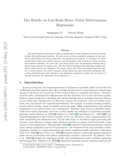 Two Results on Low-Rank Heavy-Tailed Multiresponse Regressions