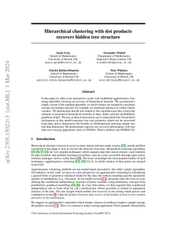Hierarchical clustering with dot products recovers hidden tree structure