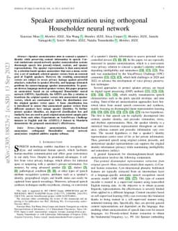 Speaker anonymization using orthogonal Householder neural network