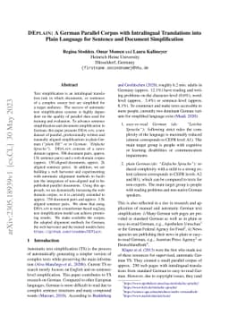 DEPLAIN: A German Parallel Corpus with Intralingual Translations into
  Plain Language for Sentence and Document Simplification