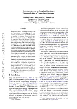 Concise Answers to Complex Questions: Summarization of Long-form Answers