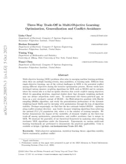 Three-Way Trade-Off in Multi-Objective Learning: Optimization,
  Generalization and Conflict-Avoidance
