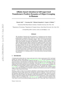 Affinity-based Attention in Self-supervised Transformers Predicts
  Dynamics of Object Grouping in Humans