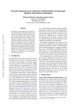 Towards Argument-Aware Abstractive Summarization of Long Legal Opinions
  with Summary Reranking