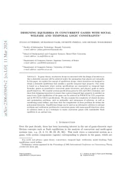 Designing Equilibria in Concurrent Games with Social Welfare and
  Temporal Logic Constraints