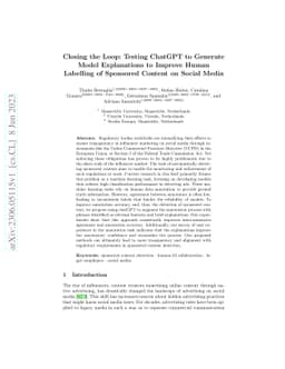 Closing the Loop: Testing ChatGPT to Generate Model Explanations to
  Improve Human Labelling of Sponsored Content on Social Media