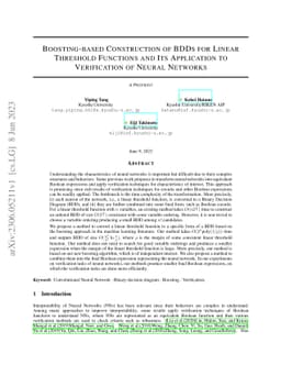 Boosting-based Construction of BDDs for Linear Threshold Functions and
  Its Application to Verification of Neural Networks