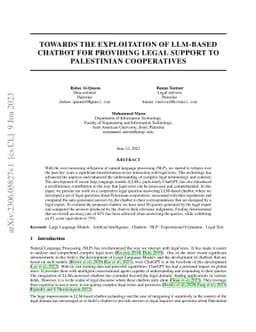 Towards the Exploitation of LLM-based Chatbot for Providing Legal
  Support to Palestinian Cooperatives
